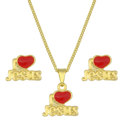 Conjunto Jesus com coração resina, banhado a ouro 18K