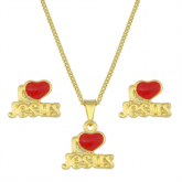 Conjunto Jesus com coração resina, banhado a ouro 18K